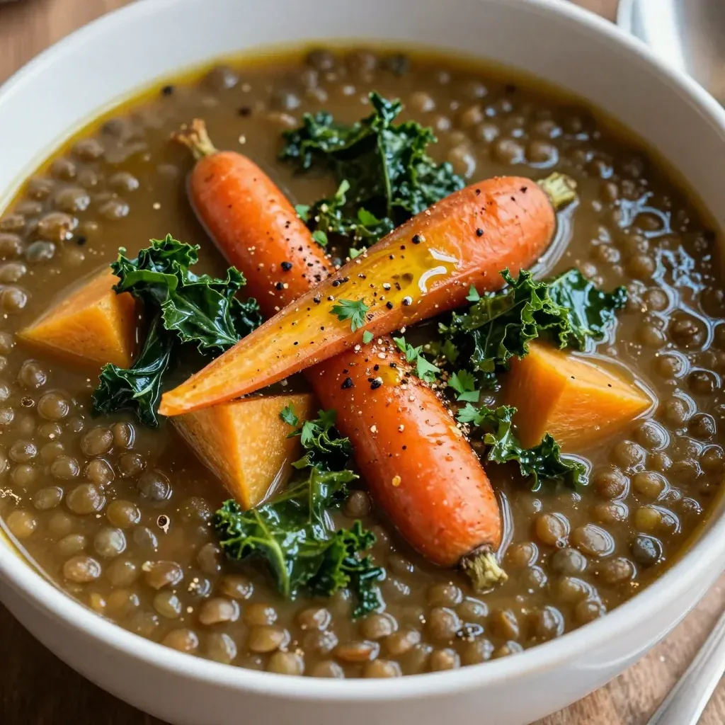 hearty lentil and kale soup with roasted root vegetables for dinner