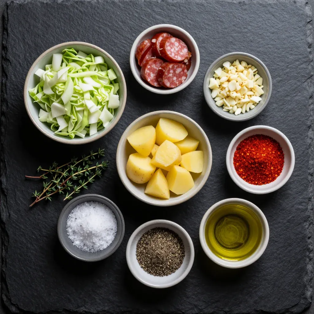 Ingredients for budgetfriendly cabbage and sausage skillet to warm cold evenings
