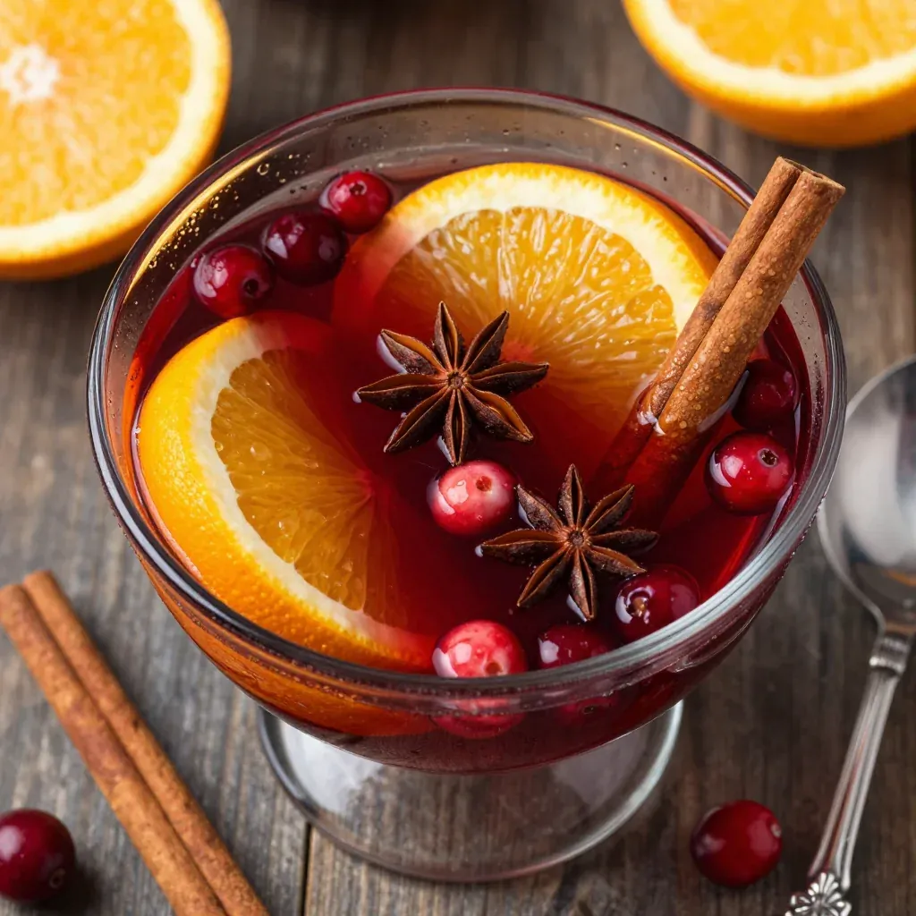 warm mulled cranberry punch with orange and cinnamon for parties