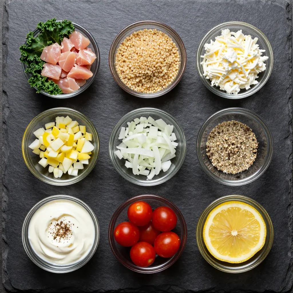 Ingredients for healthy meal prep friendly chicken and kale casserole for busy nights