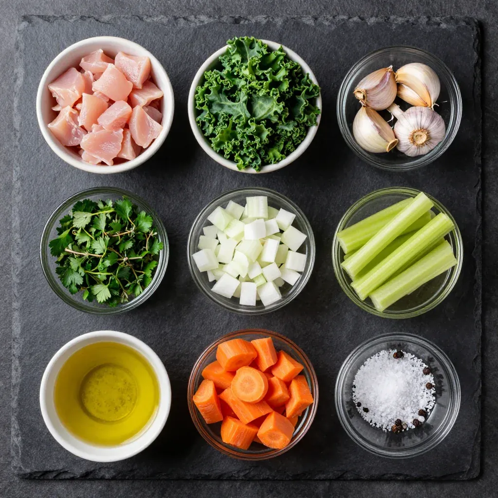 Ingredients for easy meal prep chicken and kale stew with garlic herbs