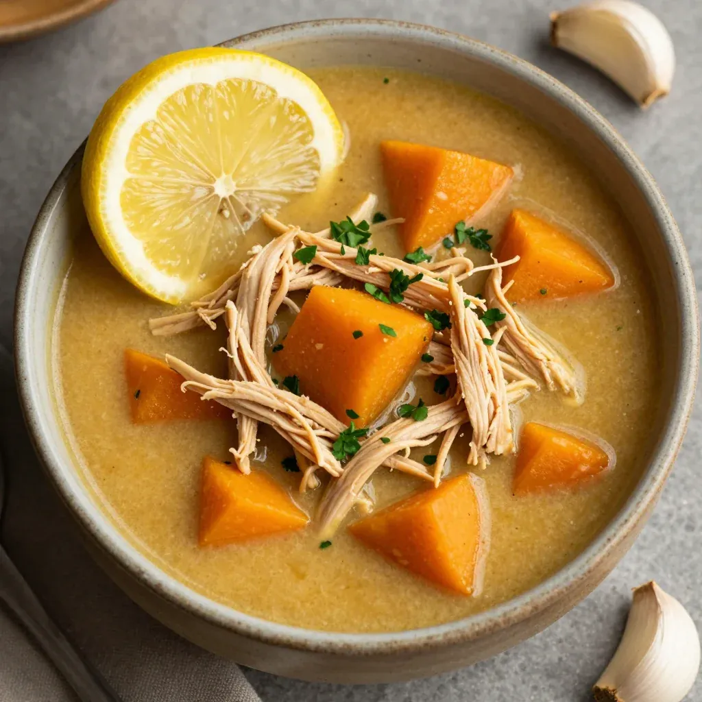 slow cooker chicken and sweet potato soup with garlic and lemon for cold nights