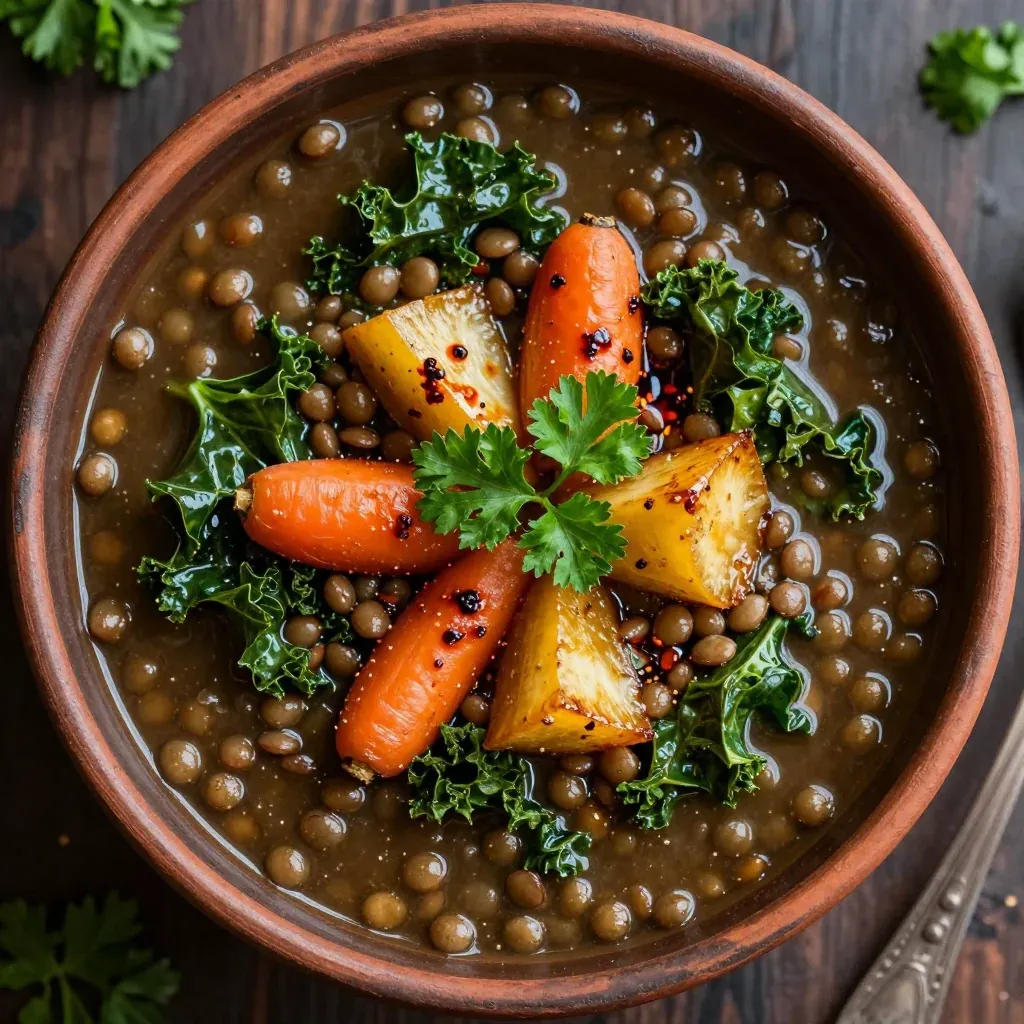 hearty lentil and kale soup with roasted root vegetables for dinner