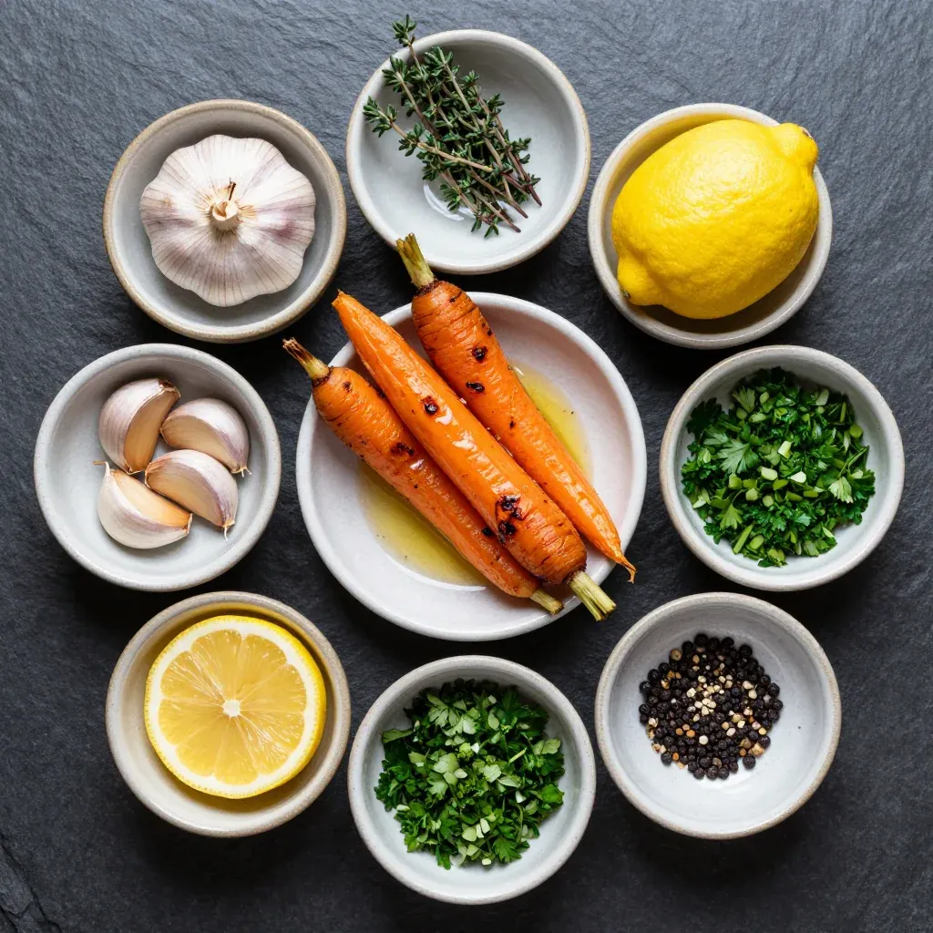 Ingredients for zesty lemon-garlic roasted carrots with fresh herbs for winter meals