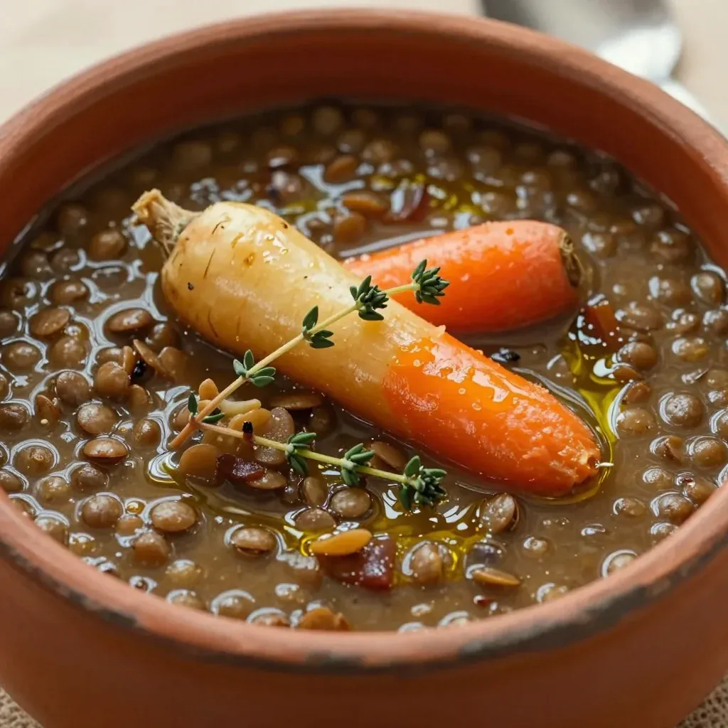 warm slow cooker lentil and root vegetable soup with fresh thyme