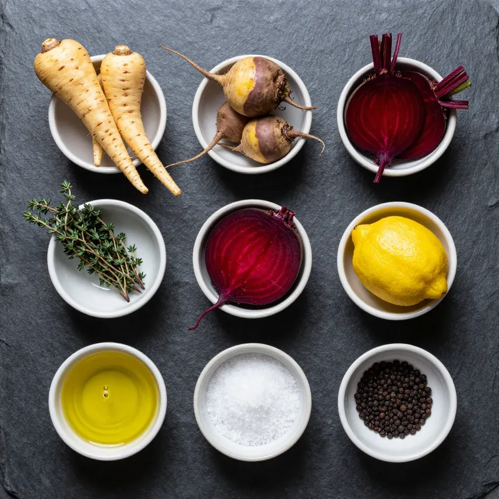 Ingredients for budget-friendly roasted parsnips and beets with lemon and thyme