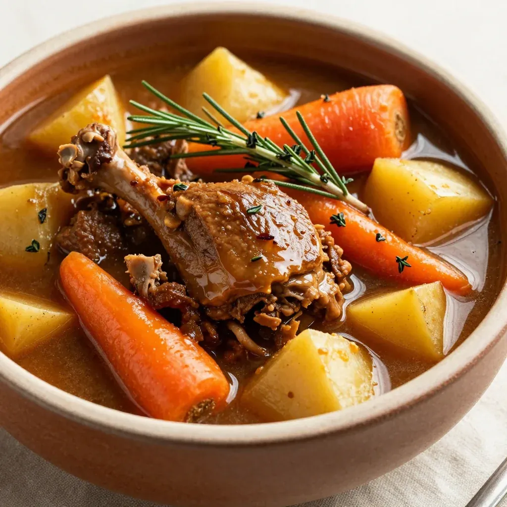 batch cooked turkey and root vegetable stew with rosemary and thyme
