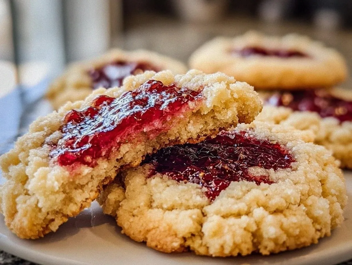 Buttery Raspberry Crumble Cookies with a Sweet Jam Filling