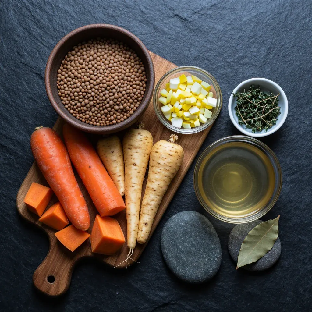Ingredients for cozy onepot lentil and root vegetable soup for chilly evenings