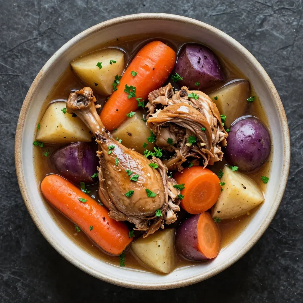 batch cooked slow cooker turkey stew with root veggies and garlic