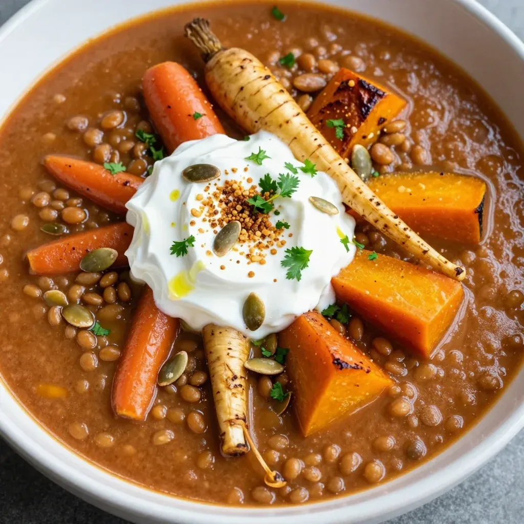 onepot lentil and roasted root vegetable soup for winter nights