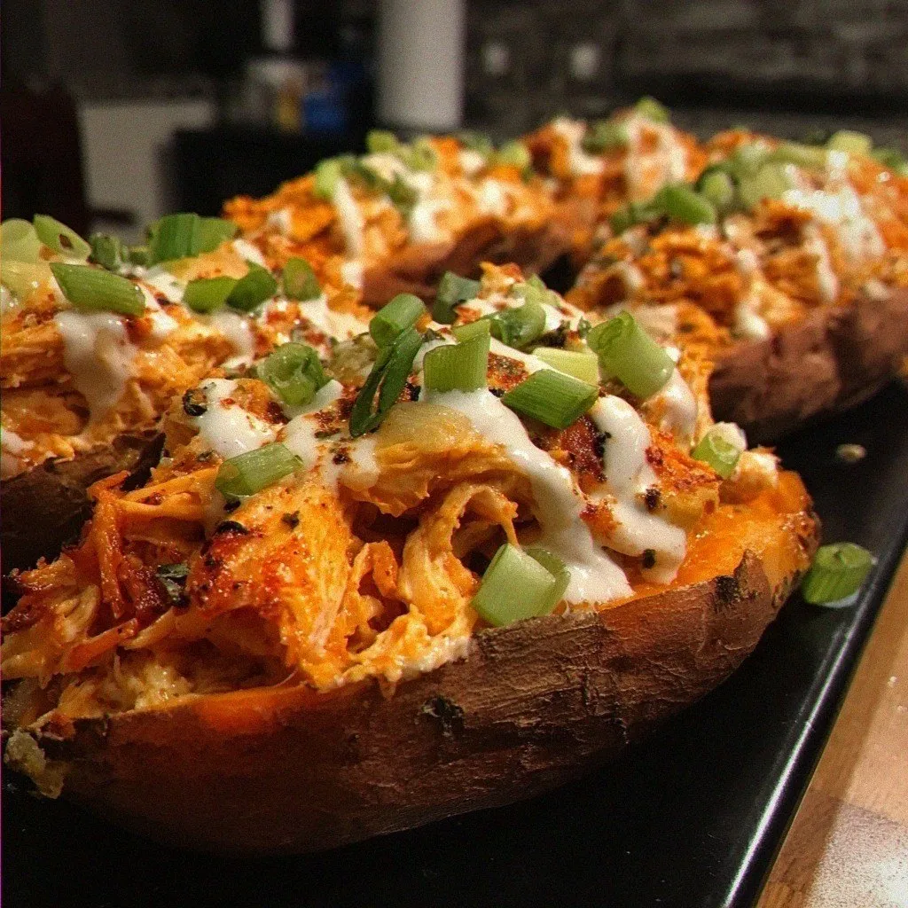 Buffalo Chicken Stuffed Sweet Potatoes