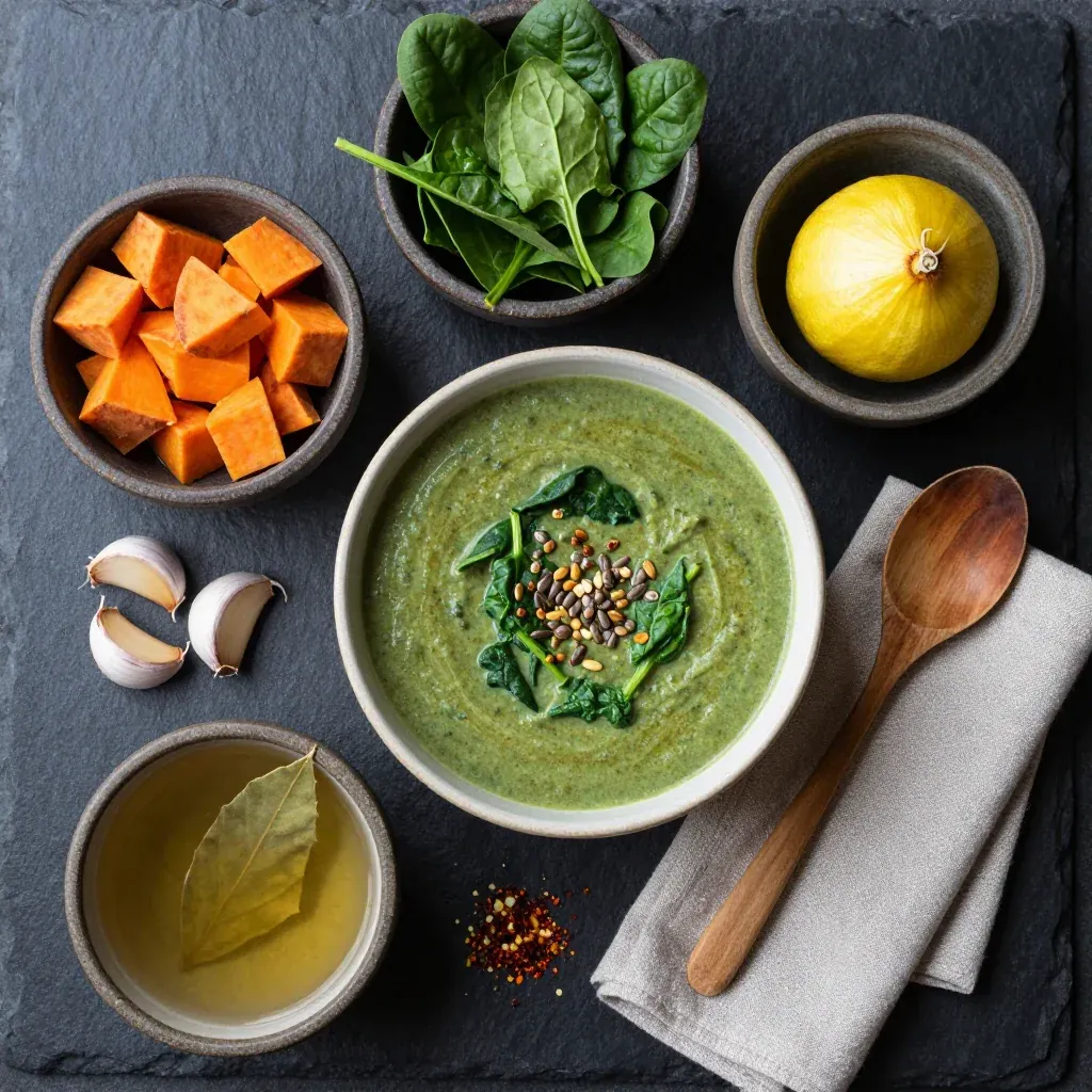 Ingredients for hearty spinach and sweet potato soup for cozy winter family dinner