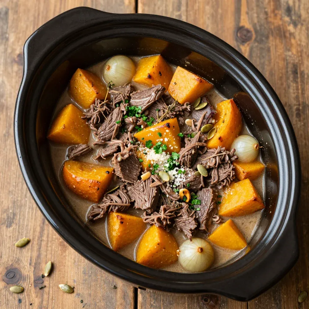 creamy slow cooker beef and winter squash casserole for cozy nights