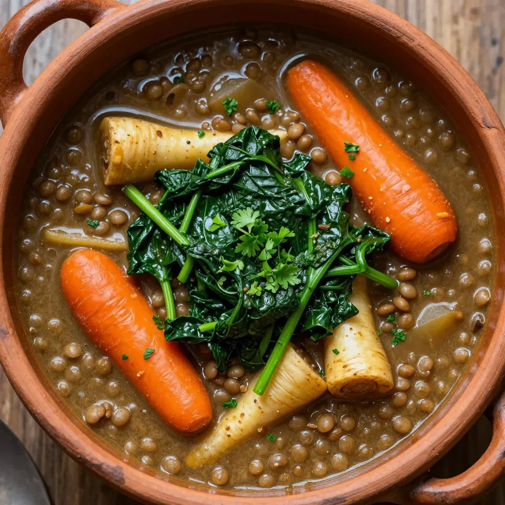 one pot lentil and root vegetable stew with spinach for easy meals