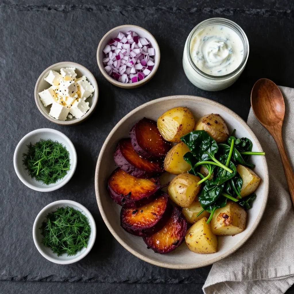 Ingredients for budgetfriendly roasted beet and potato salad for family suppers