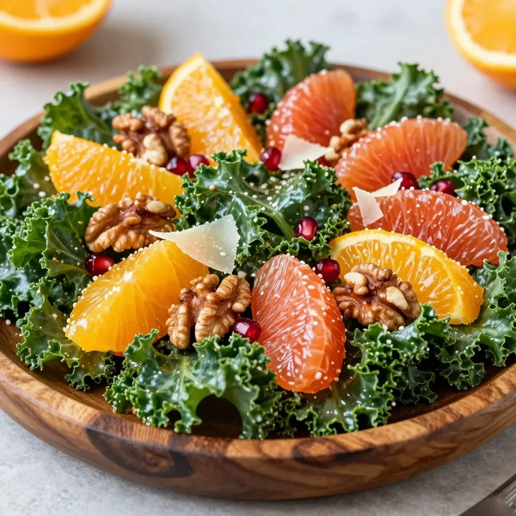 warm citrus and kale salad with oranges grapefruit and walnuts