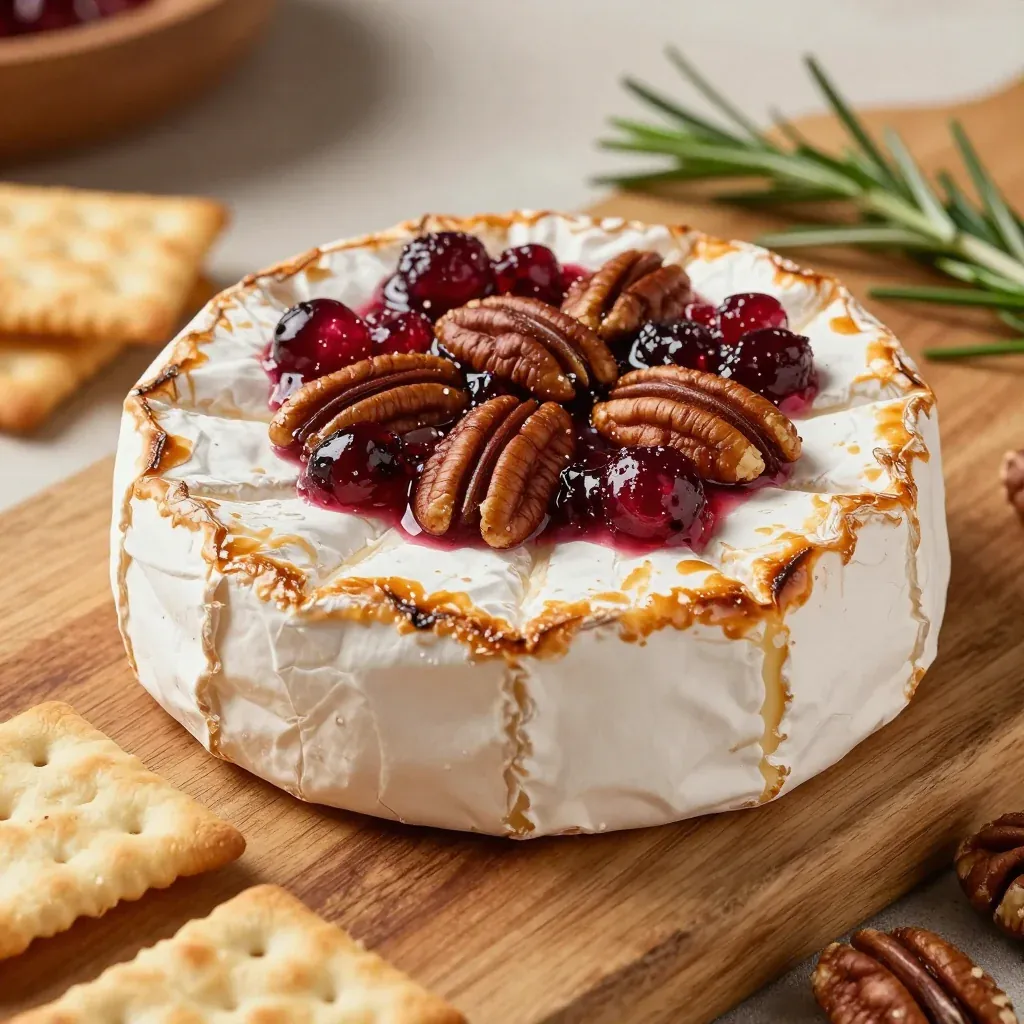 golden baked brie with cranberry sauce and toasted pecans for party appetizers