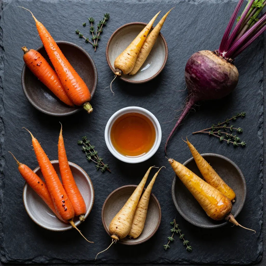 Ingredients for maple glazed root vegetables with fresh thyme for cozy family suppers
