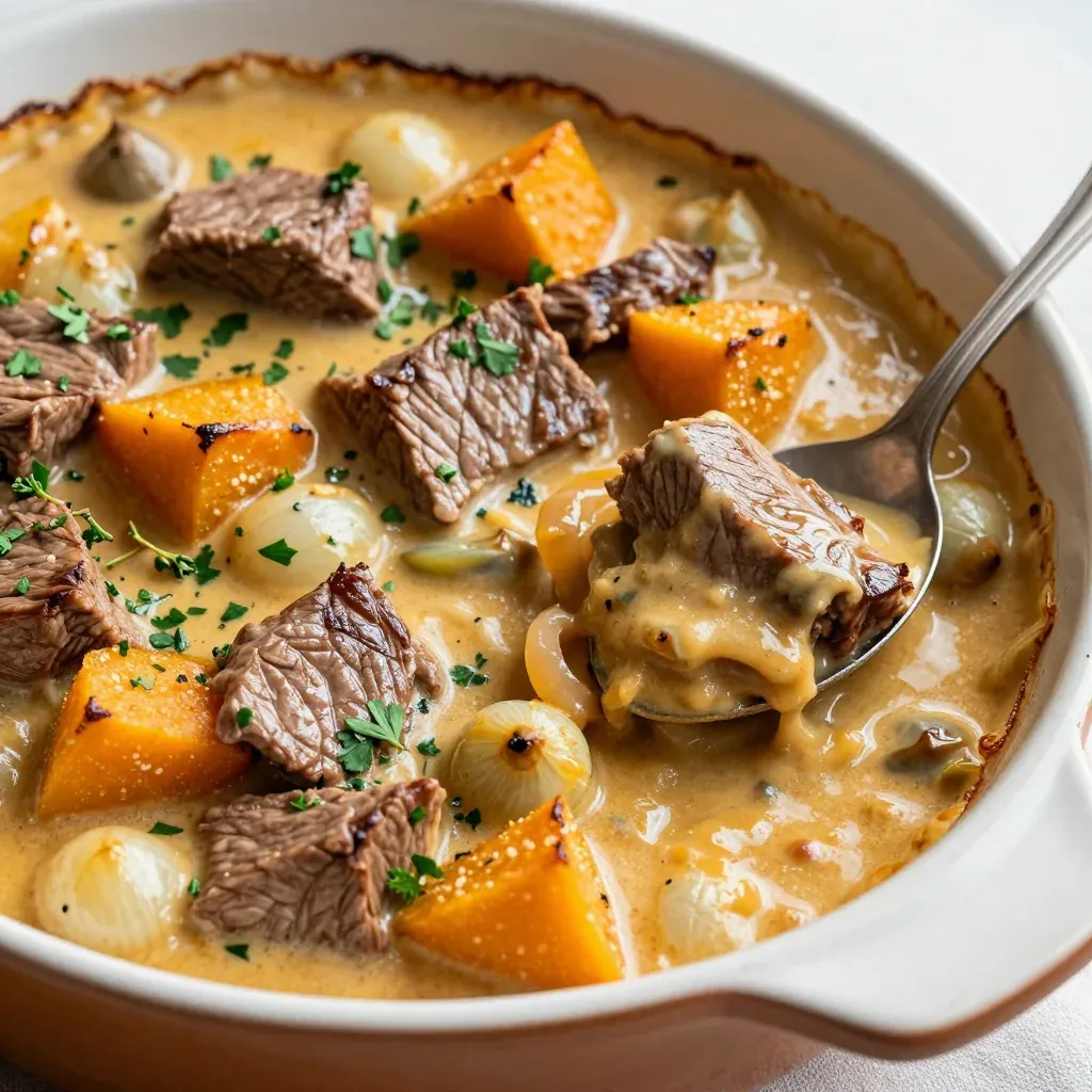 creamy slow cooker beef and winter squash casserole for cozy nights