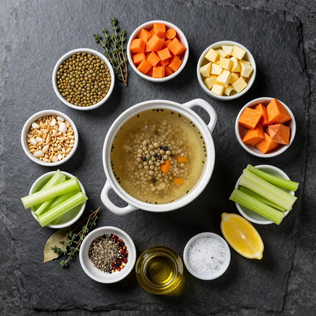 Ingredients for one pot high protein lentil and winter vegetable soup for january dinners