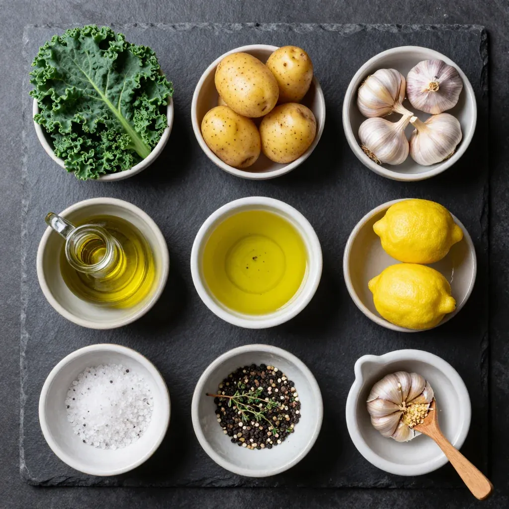 Fresh kale, potatoes, lemons, and garlic arranged on a wooden cutting board