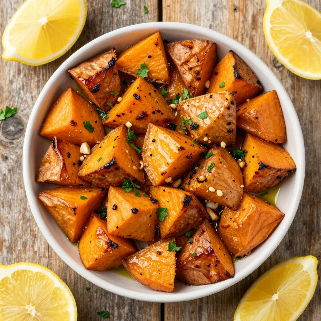lemon and garlic roasted sweet potatoes for clean eating family meals