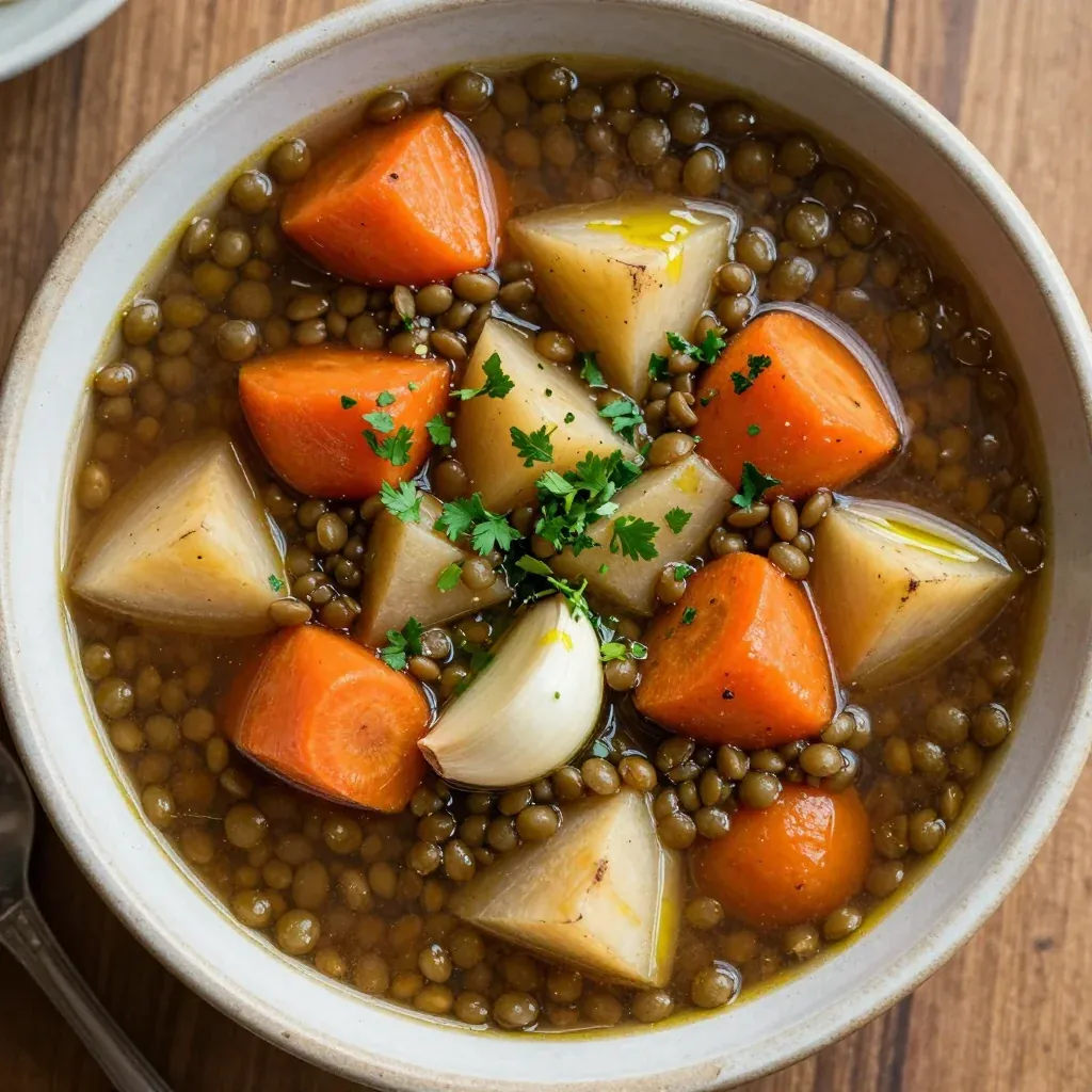 cozy slow cooker lentil and root vegetable stew with fresh carrots and garlic