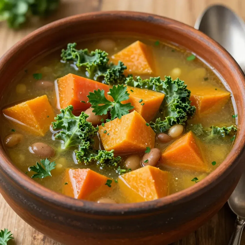 hearty winter vegetable soup with kale and sweet potatoes for family dinners