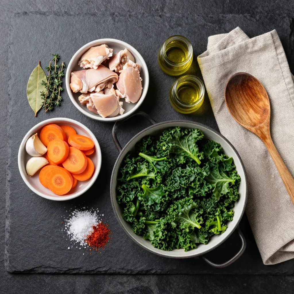 Ingredients for one pot chicken and kale stew with garlic and carrots for cold evenings