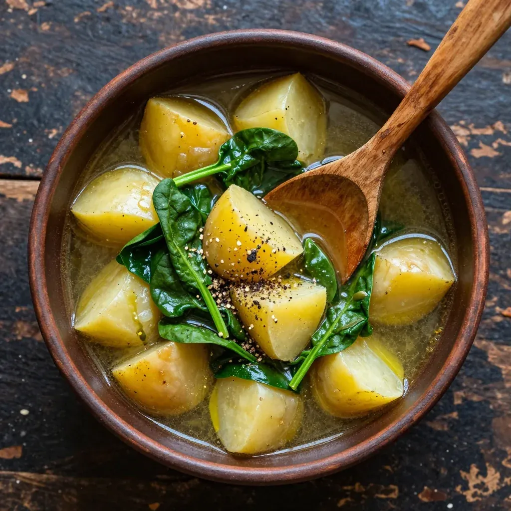 cozy one pot winter vegetable stew with potatoes and spinach