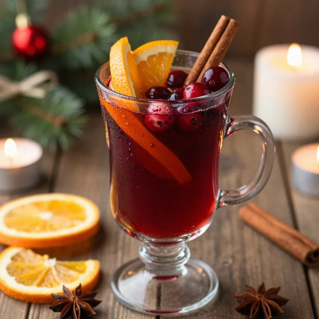 warm mulled cranberry punch with orange and cinnamon for parties