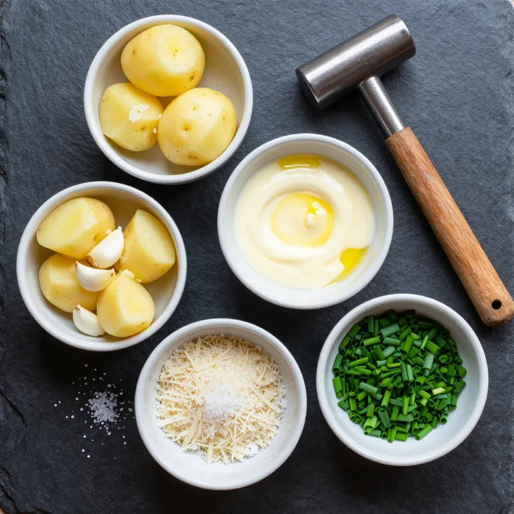 Ingredients for creamy garlic mashed potatoes with chives for festive family feasts