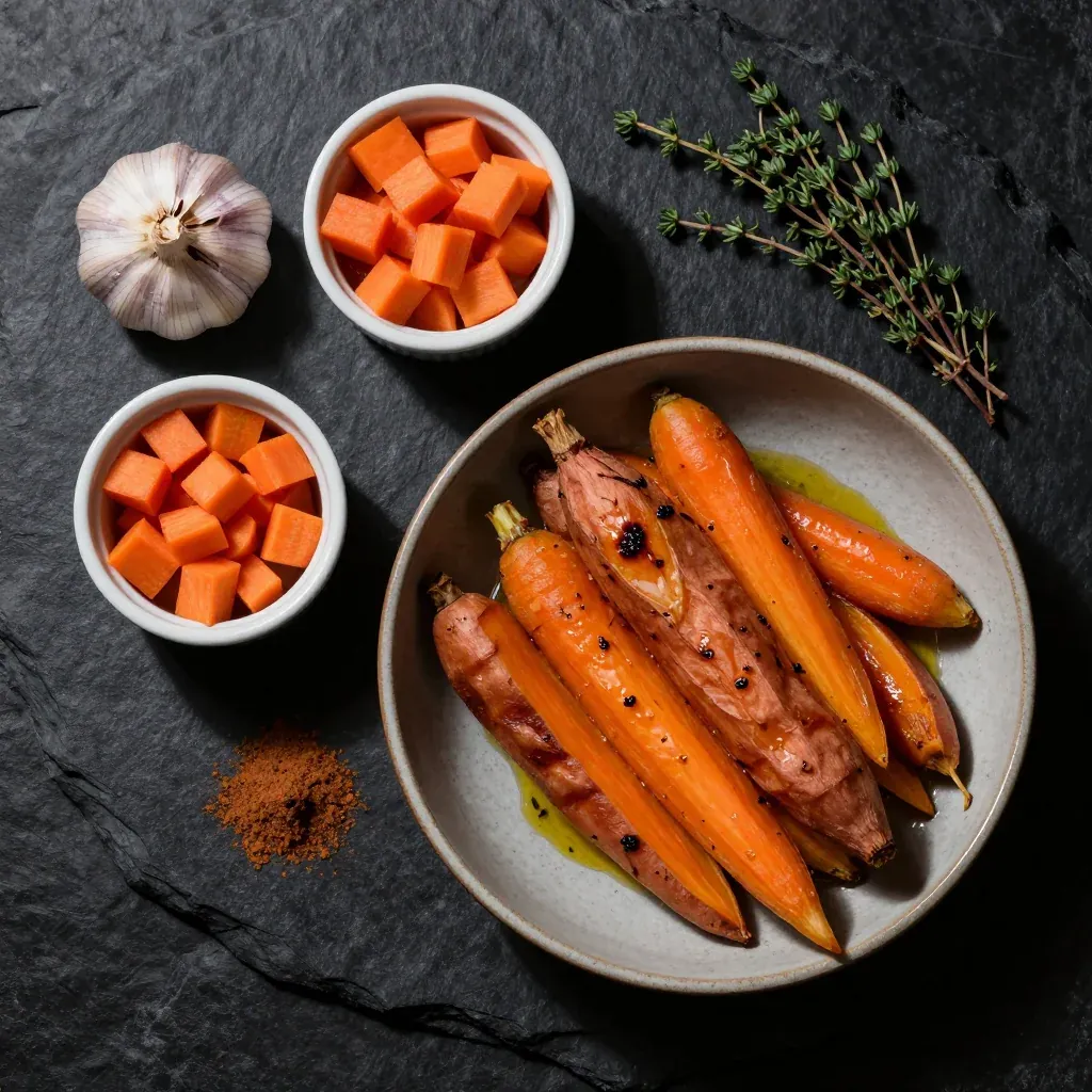 Ingredients for hearty roasted garlic sweet potato and carrot medley for cold days