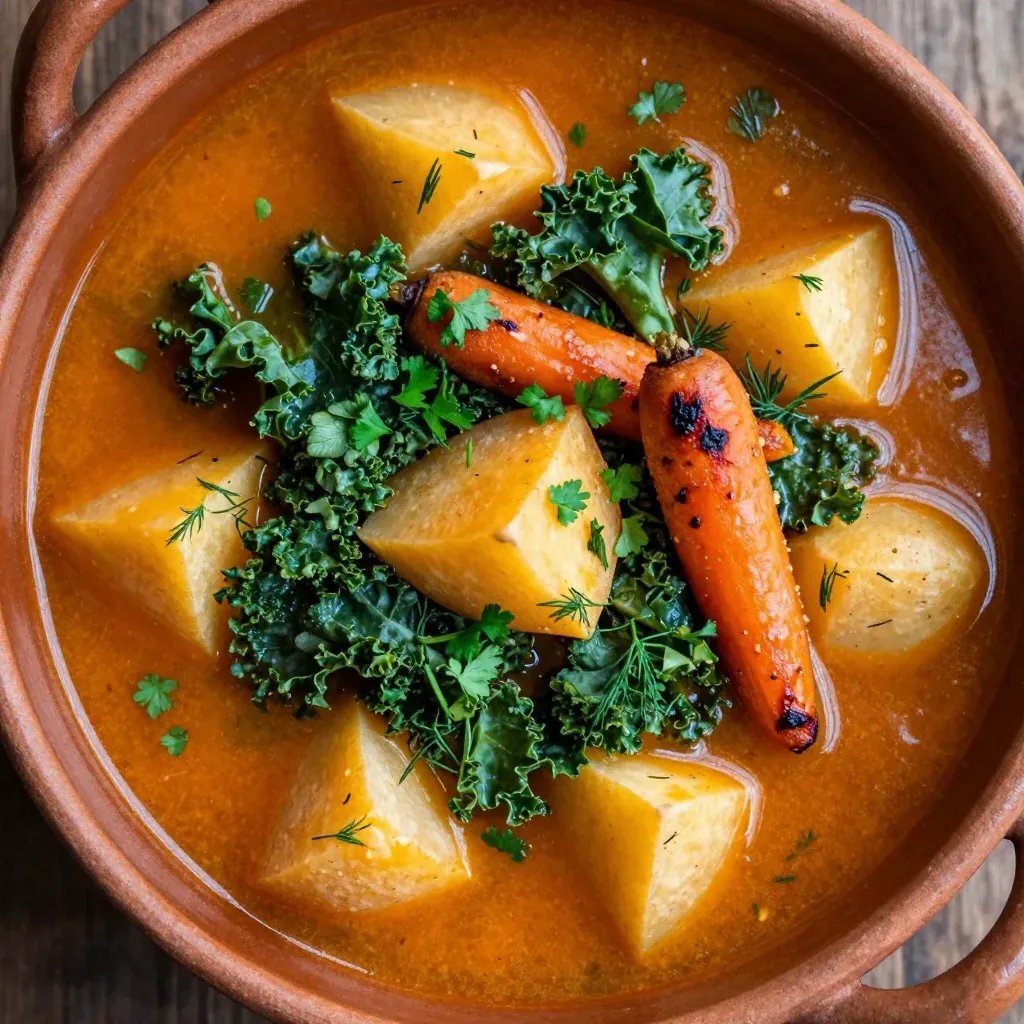 batch cooked root vegetable and kale stew with fresh herbs for easy meals