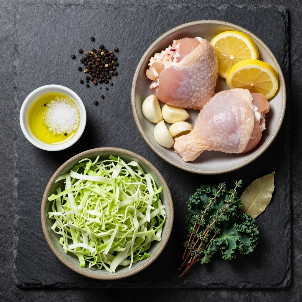 Ingredients for one pot garlic lemon chicken with roasted cabbage and winter greens