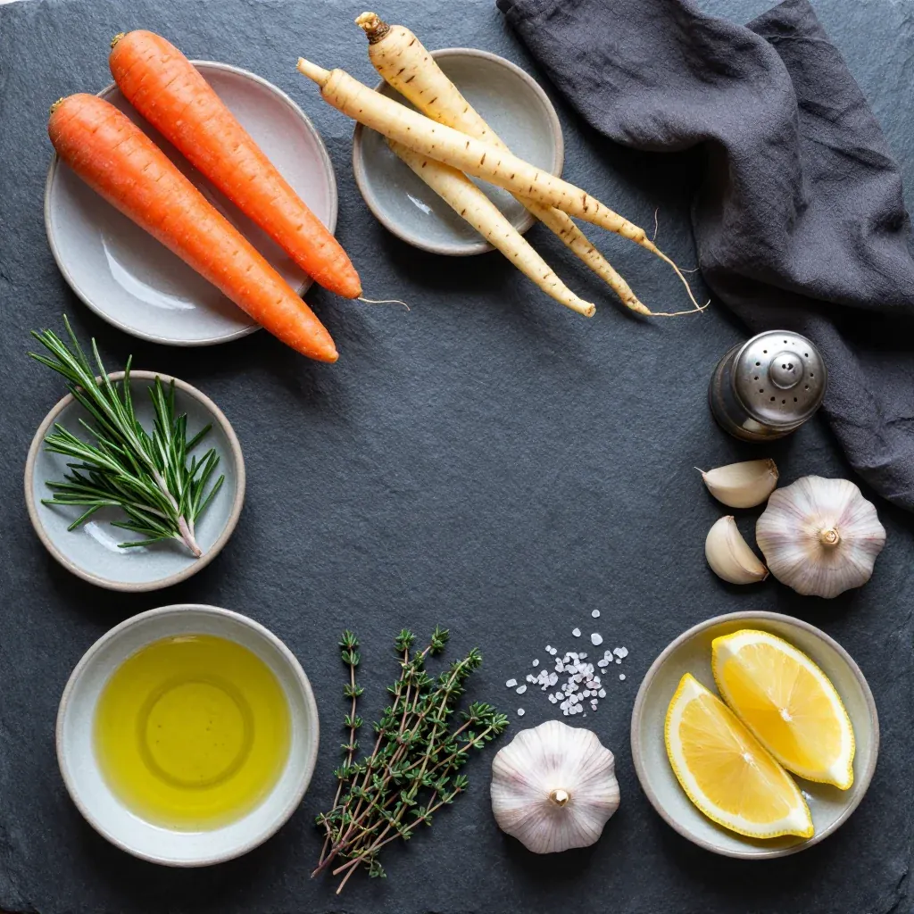 Ingredients for healthy lemon and herb roasted carrots and parsnips