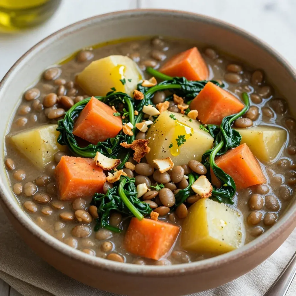 one pot lentil and root vegetable stew with spinach and garlic for families