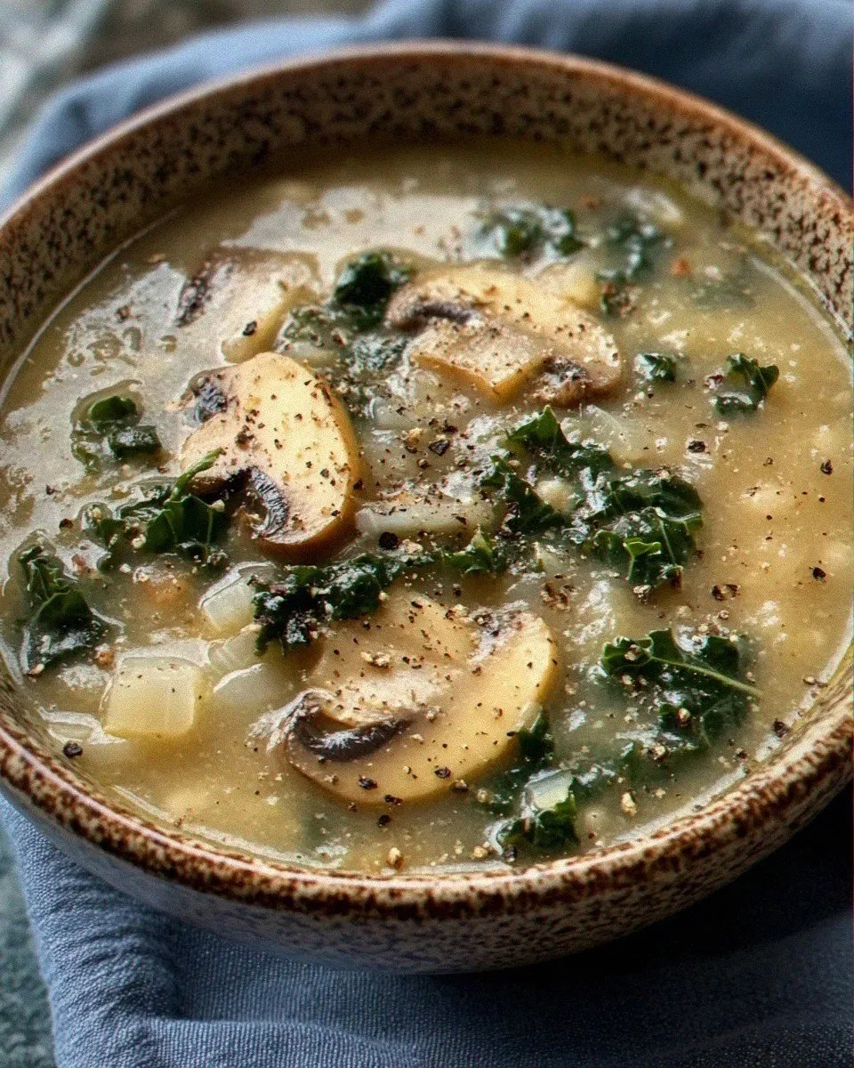 Warming Wild Mushroom, Caramelized Onion And Kale Soup