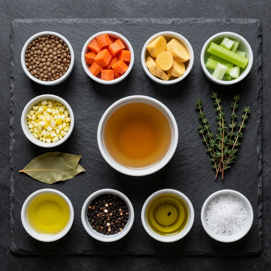 Ingredients for hearty one-pot lentil and root vegetable soup for cold evenings