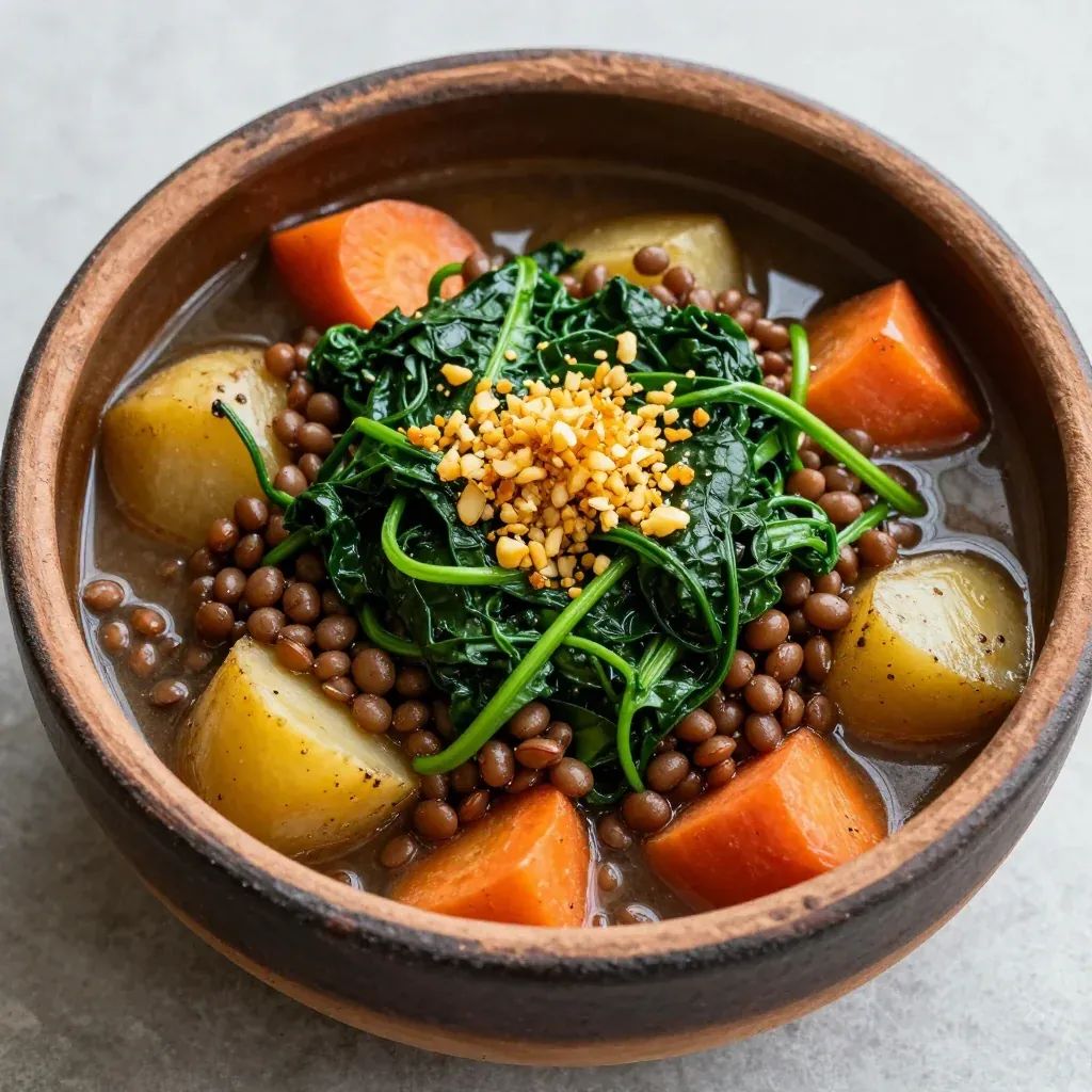 one pot lentil and root vegetable stew with spinach and garlic for families