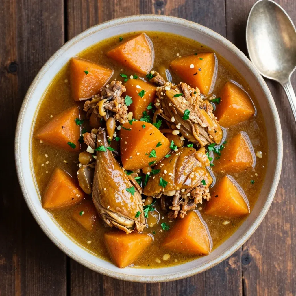 batch cooked turkey and sweet potato stew with garlic for healthy suppers