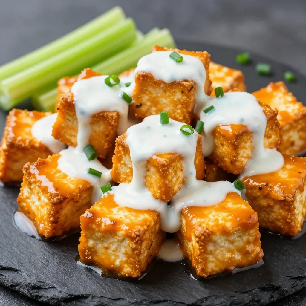 Crispy Baked Tofu with Buffalo Sauce for Vegan Game Day Snack