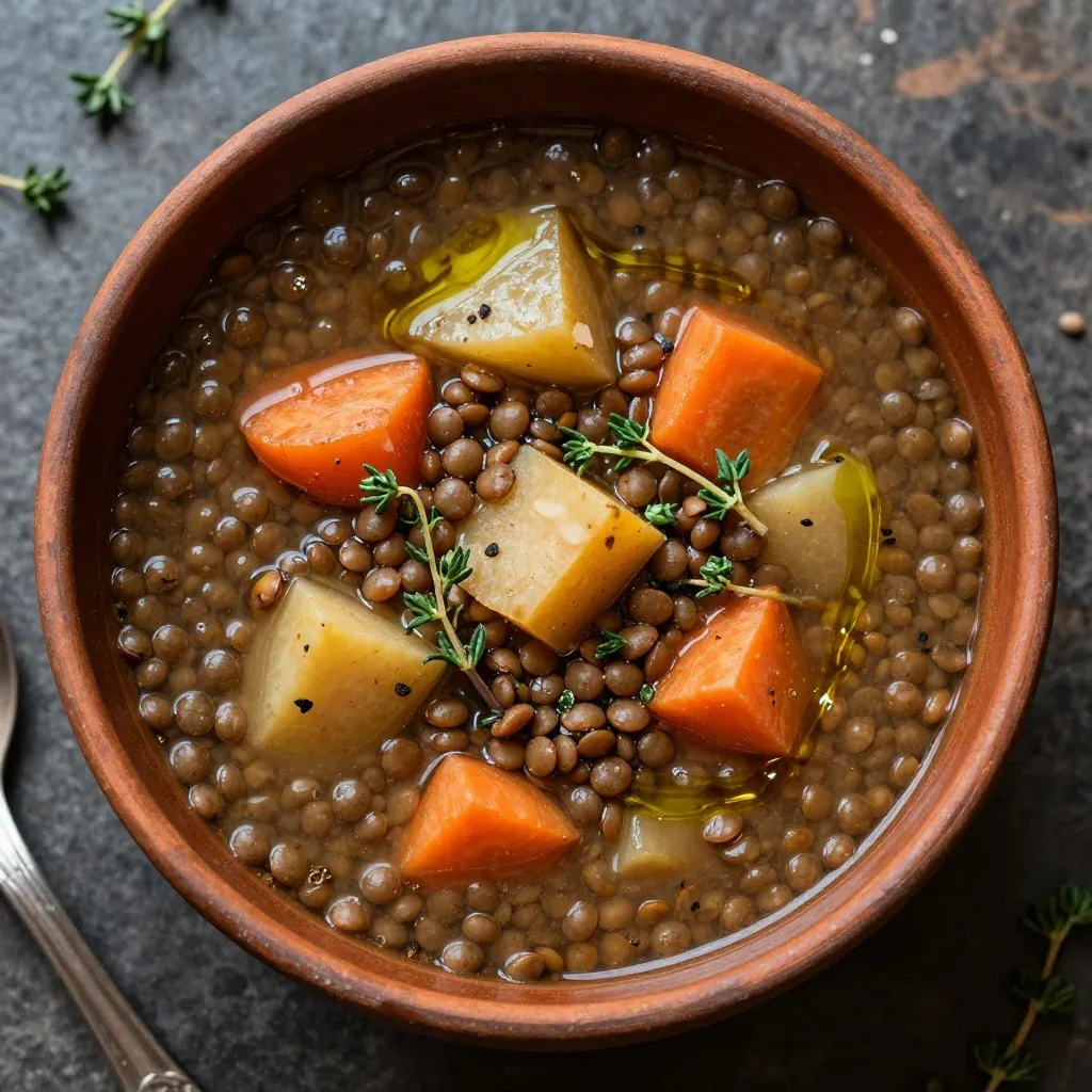 warm slow cooker lentil and root vegetable soup with fresh thyme