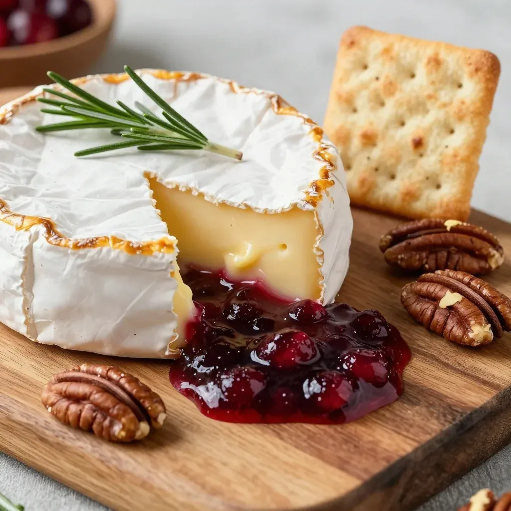 Golden Baked Brie with Cranberry Sauce and Toasted Pecans