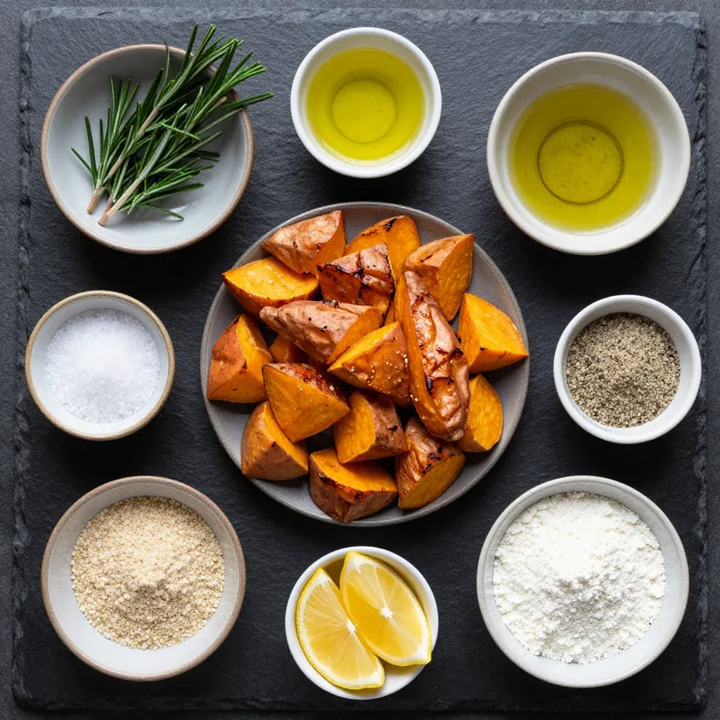 Ingredients for crispy roasted sweet potatoes with rosemary for budget friendly dinners