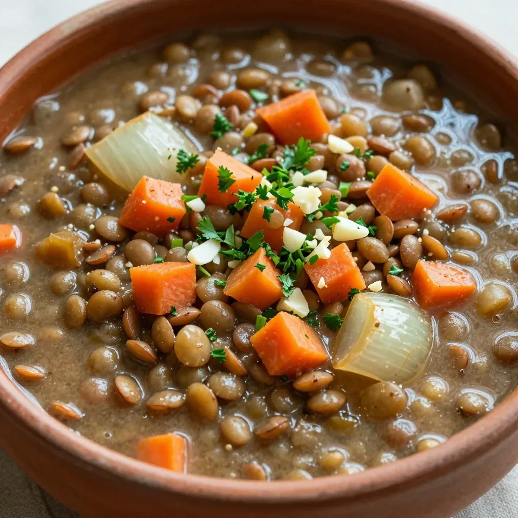cozy slow cooker lentil and root vegetable stew with fresh carrots and garlic