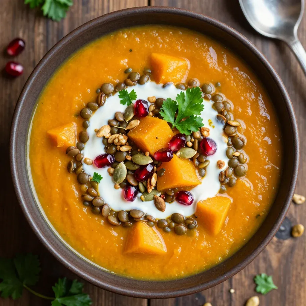 nourishing high protein lentil and winter squash soup for meal prep