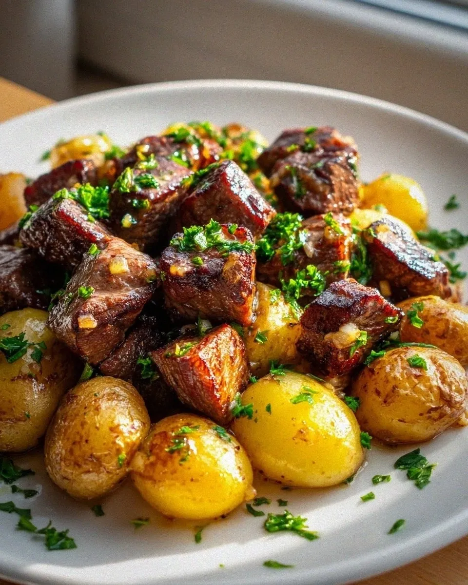 Juicy Garlic Steak Bites & Crispy Potatoes Recipe