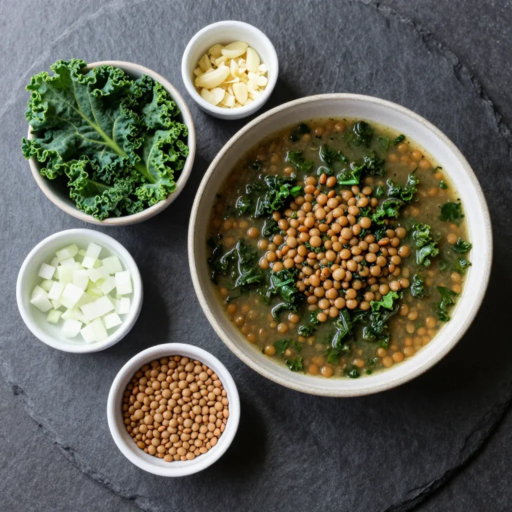 Ingredients for one-pot lentil and kale soup with roasted garlic for winter meal prep